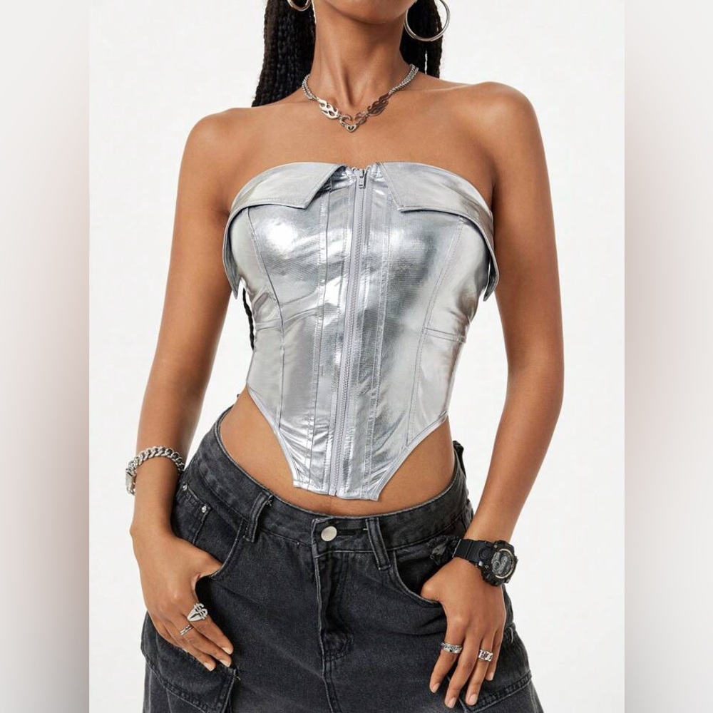SHEIN Shimmering Silver Strapless Top